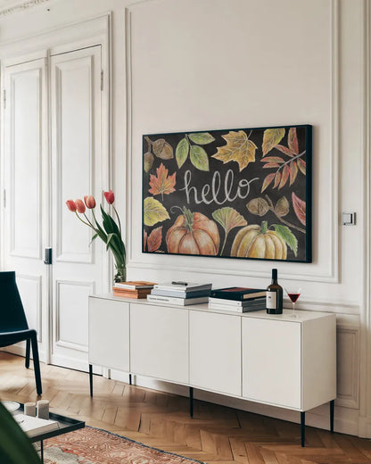 Harvest Chalk IX by Mary Urban. shown as a framed stretched canvas in a living room above a console. Available as a archival giclee rolled canvas, fine art paper, or poster print. SKU 55882i.