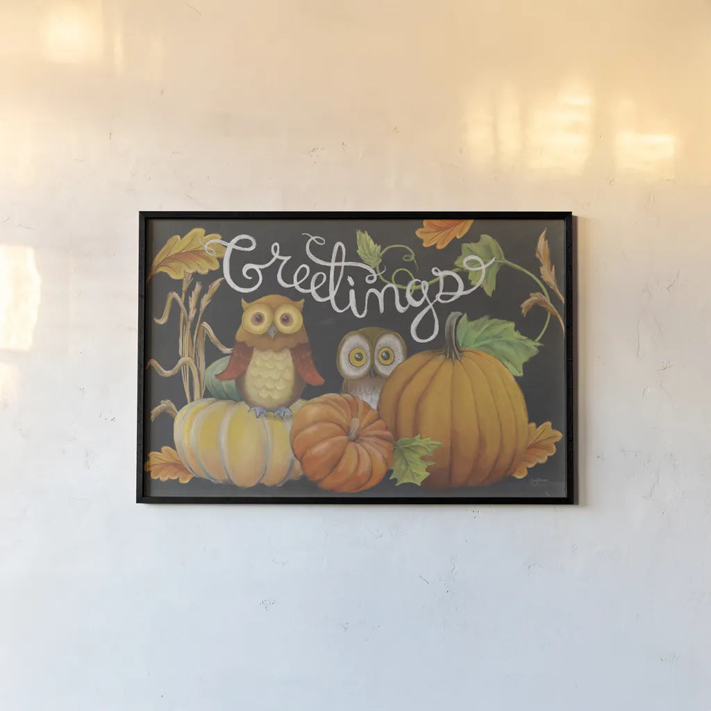 Harvest Owl I by Mary Urban. shown as a paper print in a black flame. Available as a archival giclee rolled canvas, fine art paper, or poster print. SKU 30901i.