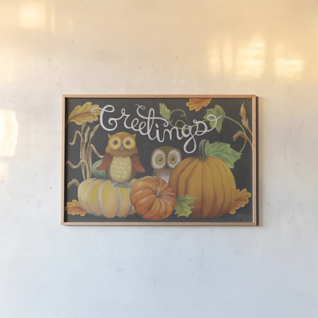 Harvest Owl I by Mary Urban. shown as a paper print in a natural frame. Available as a archival giclee rolled canvas, fine art paper, or poster print. SKU 30901i.