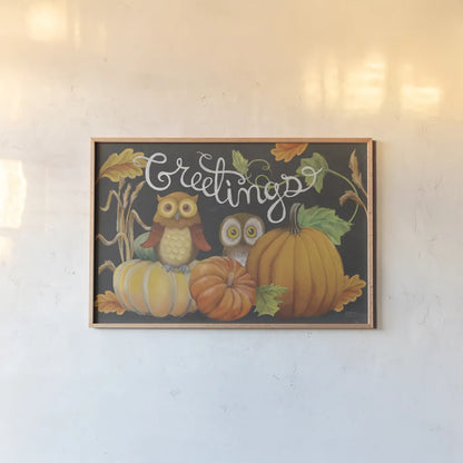 Harvest Owl I by Mary Urban. shown as a paper print in a natural frame. Available as a archival giclee rolled canvas, fine art paper, or poster print. SKU 30901i.