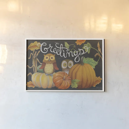 Harvest Owl I by Mary Urban. shown as a paper print in a white frame. Available as a archival giclee rolled canvas, fine art paper, or poster print. SKU 30901i.