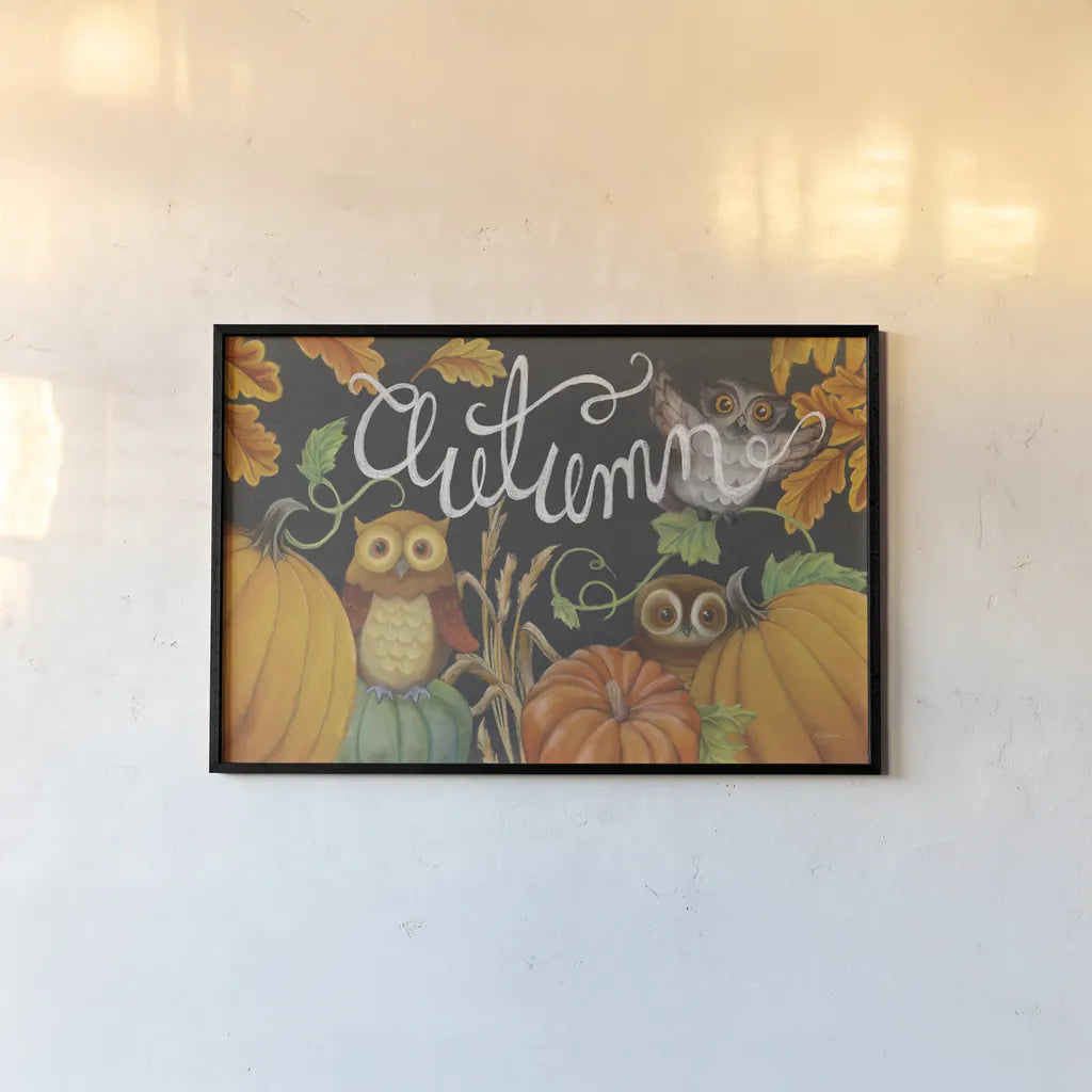 Harvest Owl II by Mary Urban. shown as a paper print in a black flame. Available as a archival giclee rolled canvas, fine art paper, or poster print. SKU 30902i.