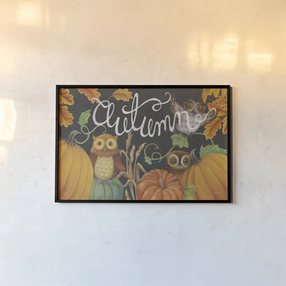 Harvest Owl II by Mary Urban. shown as a paper print in a black flame. Available as a archival giclee rolled canvas, fine art paper, or poster print. SKU 30902i.