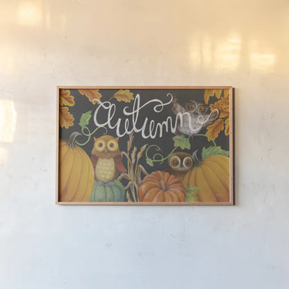 Harvest Owl II by Mary Urban. shown as a paper print in a natural frame. Available as a archival giclee rolled canvas, fine art paper, or poster print. SKU 30902i.