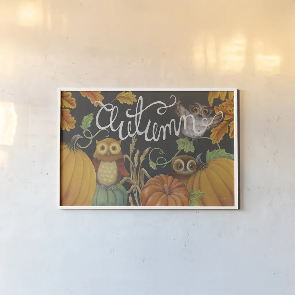 Harvest Owl II by Mary Urban. shown as a paper print in a white frame. Available as a archival giclee rolled canvas, fine art paper, or poster print. SKU 30902i.