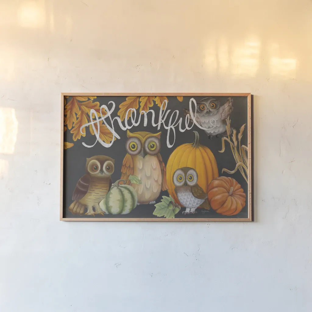 Harvest Owl III by Mary Urban. shown as a paper print in a natural frame. Available as a archival giclee rolled canvas, fine art paper, or poster print. SKU 30903i.