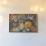 Harvest Owl III by Mary Urban. shown as a paper print in a natural frame. Available as a archival giclee rolled canvas, fine art paper, or poster print. SKU 30903i.