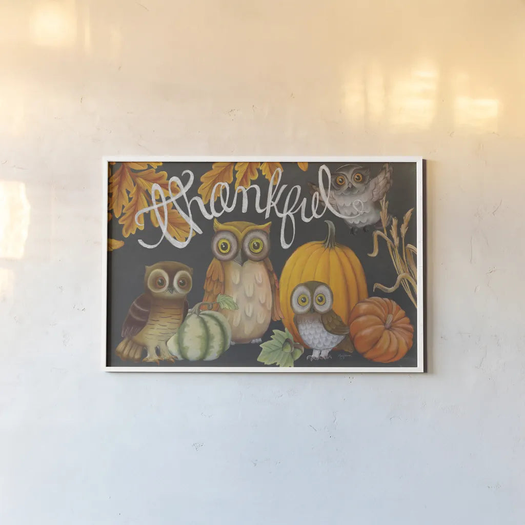 Harvest Owl III by Mary Urban. shown as a paper print in a white frame. Available as a archival giclee rolled canvas, fine art paper, or poster print. SKU 30903i.