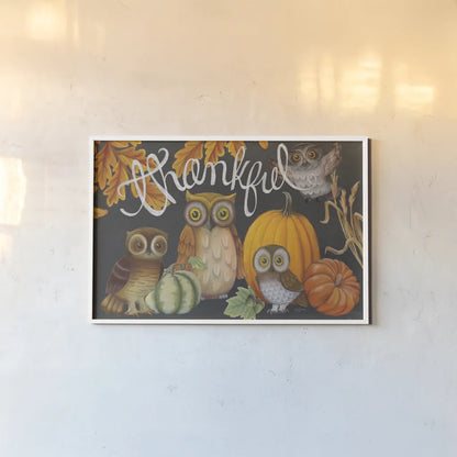 Harvest Owl III by Mary Urban. shown as a paper print in a white frame. Available as a archival giclee rolled canvas, fine art paper, or poster print. SKU 30903i.