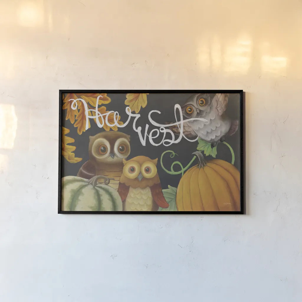 Harvest Owl IV by Mary Urban. shown as a paper print in a black flame. Available as a archival giclee rolled canvas, fine art paper, or poster print. SKU 30904i.