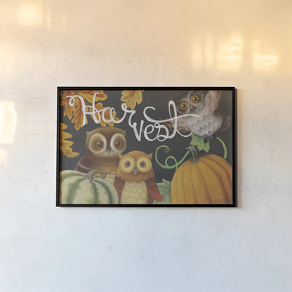 Harvest Owl IV by Mary Urban. shown as a paper print in a black flame. Available as a archival giclee rolled canvas, fine art paper, or poster print. SKU 30904i.