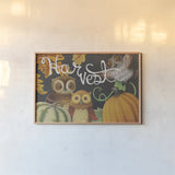 Harvest Owl IV by Mary Urban. shown as a paper print in a natural frame. Available as a archival giclee rolled canvas, fine art paper, or poster print. SKU 30904i.