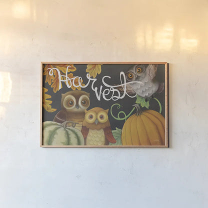 Harvest Owl IV by Mary Urban. shown as a paper print in a natural frame. Available as a archival giclee rolled canvas, fine art paper, or poster print. SKU 30904i.