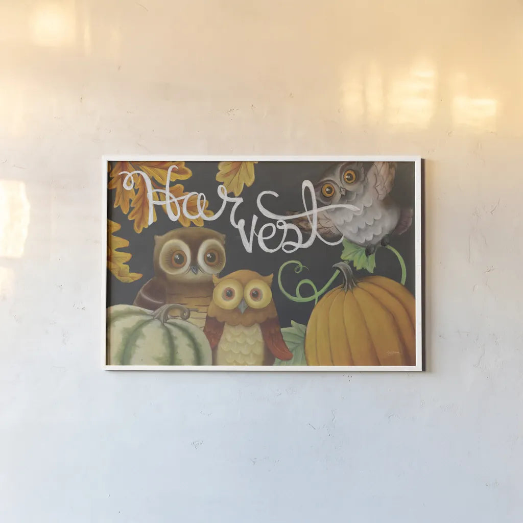 Harvest Owl IV by Mary Urban. shown as a paper print in a white frame. Available as a archival giclee rolled canvas, fine art paper, or poster print. SKU 30904i.