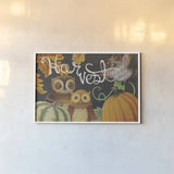 Harvest Owl IV by Mary Urban. shown as a paper print in a white frame. Available as a archival giclee rolled canvas, fine art paper, or poster print. SKU 30904i.