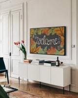Harvest Owl V by Mary Urban. shown as a framed stretched canvas in a living room above a console. Available as a archival giclee rolled canvas, fine art paper, or poster print. SKU 30905i.