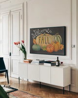 Harvest Owl VI by Mary Urban. shown as a framed stretched canvas in a living room above a console. Available as a archival giclee rolled canvas, fine art paper, or poster print. SKU 30906i.