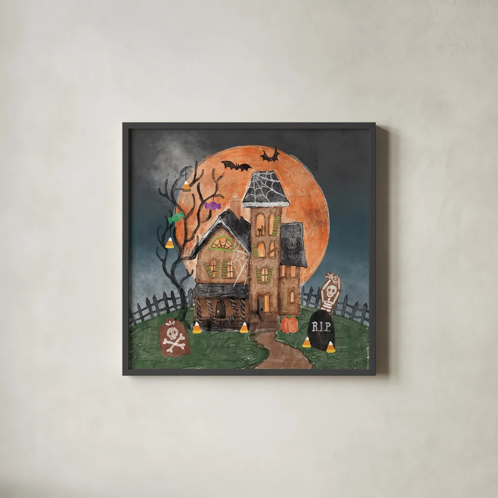 Haunted Villa by Mary Urban. Shown in a sleek black glass frame for a contemporary gallery look. Available as an archival giclee rolled canvas, fine art paper, or poster print. SKU 57130a.
