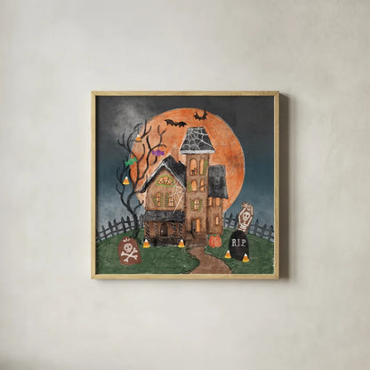 Haunted Villa by Mary Urban. Shown in a natural wood glass frame for a timeless modern aesthetic. Available as an archival giclee rolled canvas, fine art paper, or poster print. SKU 57130a.