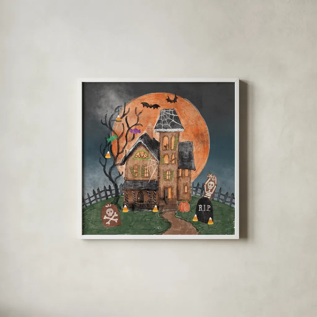 Haunted Villa by Mary Urban. Shown in a crisp white glass frame for a clean and minimalist style. Available as an archival giclee rolled canvas, fine art paper, or poster print. SKU 57130a.