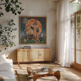 Haunted Villa by Mary Urban. Shown in a natural wood frame in a cozy modern living room. Available as an archival giclee rolled canvas, fine art paper, or poster print. SKU 57130a.
