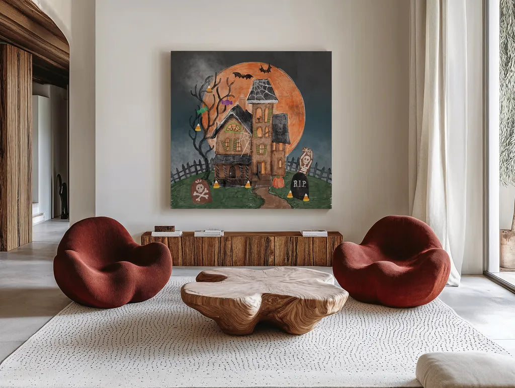 Haunted Villa by Mary Urban. Shown as extra-large giant wall art in a modern living room. Available as an archival giclee rolled canvas, fine art paper, or poster print. SKU 57130a.