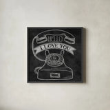 Hello I Love You Chalk by Mary Urban. Shown in a sleek black glass frame for a contemporary gallery look. Available as an archival giclee rolled canvas, fine art paper, or poster print. SKU 25590a.