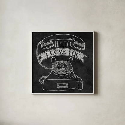 Hello I Love You Chalk by Mary Urban. Shown in a crisp white glass frame for a clean and minimalist style. Available as an archival giclee rolled canvas, fine art paper, or poster print. SKU 25590a.