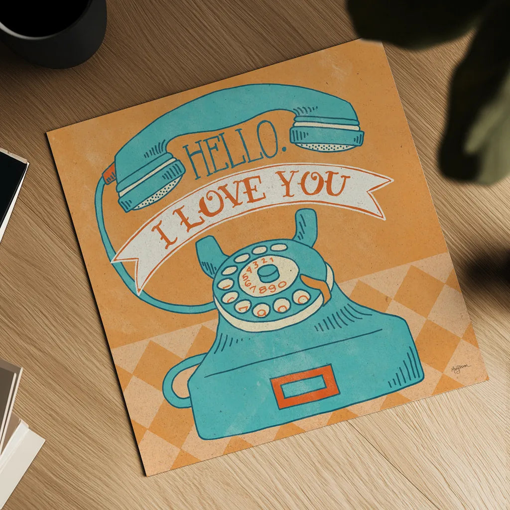 Hello I Love You Orange by Mary Urban. Shown as a detailed flat fine art print, highlighting archival giclee quality. Available as an archival giclee rolled canvas, fine art paper, or poster print. SKU 20978a.