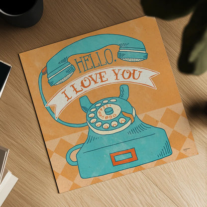 Hello I Love You Orange by Mary Urban. Shown as a detailed flat fine art print, highlighting archival giclee quality. Available as an archival giclee rolled canvas, fine art paper, or poster print. SKU 20978a.