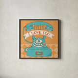 Hello I Love You Orange by Mary Urban. Shown in a sleek black glass frame for a contemporary gallery look. Available as an archival giclee rolled canvas, fine art paper, or poster print. SKU 20978a.