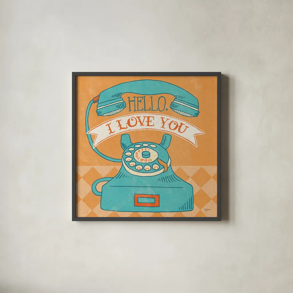 Hello I Love You Orange by Mary Urban. Shown in a sleek black glass frame for a contemporary gallery look. Available as an archival giclee rolled canvas, fine art paper, or poster print. SKU 20978a.