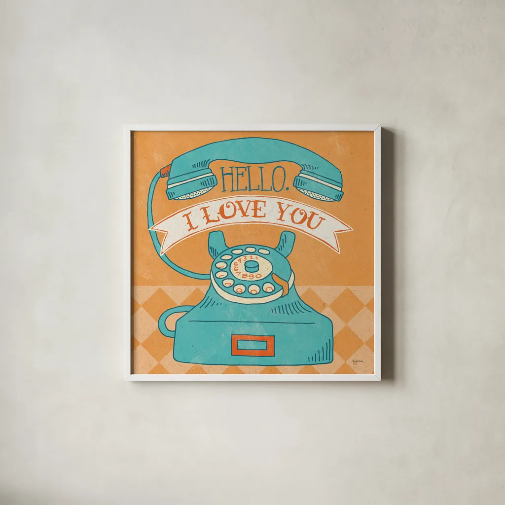 Hello I Love You Orange by Mary Urban. Shown in a crisp white glass frame for a clean and minimalist style. Available as an archival giclee rolled canvas, fine art paper, or poster print. SKU 20978a.