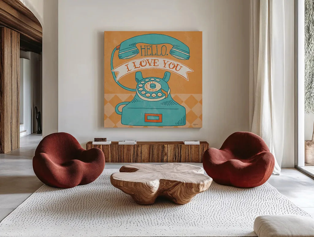 Hello I Love You Orange by Mary Urban. Shown as extra-large giant wall art in a modern living room. Available as an archival giclee rolled canvas, fine art paper, or poster print. SKU 20978a.