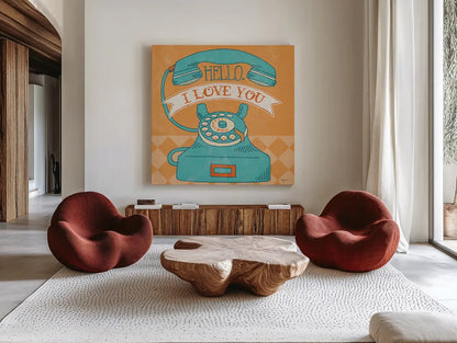 Hello I Love You Orange by Mary Urban. Shown as extra-large giant wall art in a modern living room. Available as an archival giclee rolled canvas, fine art paper, or poster print. SKU 20978a.