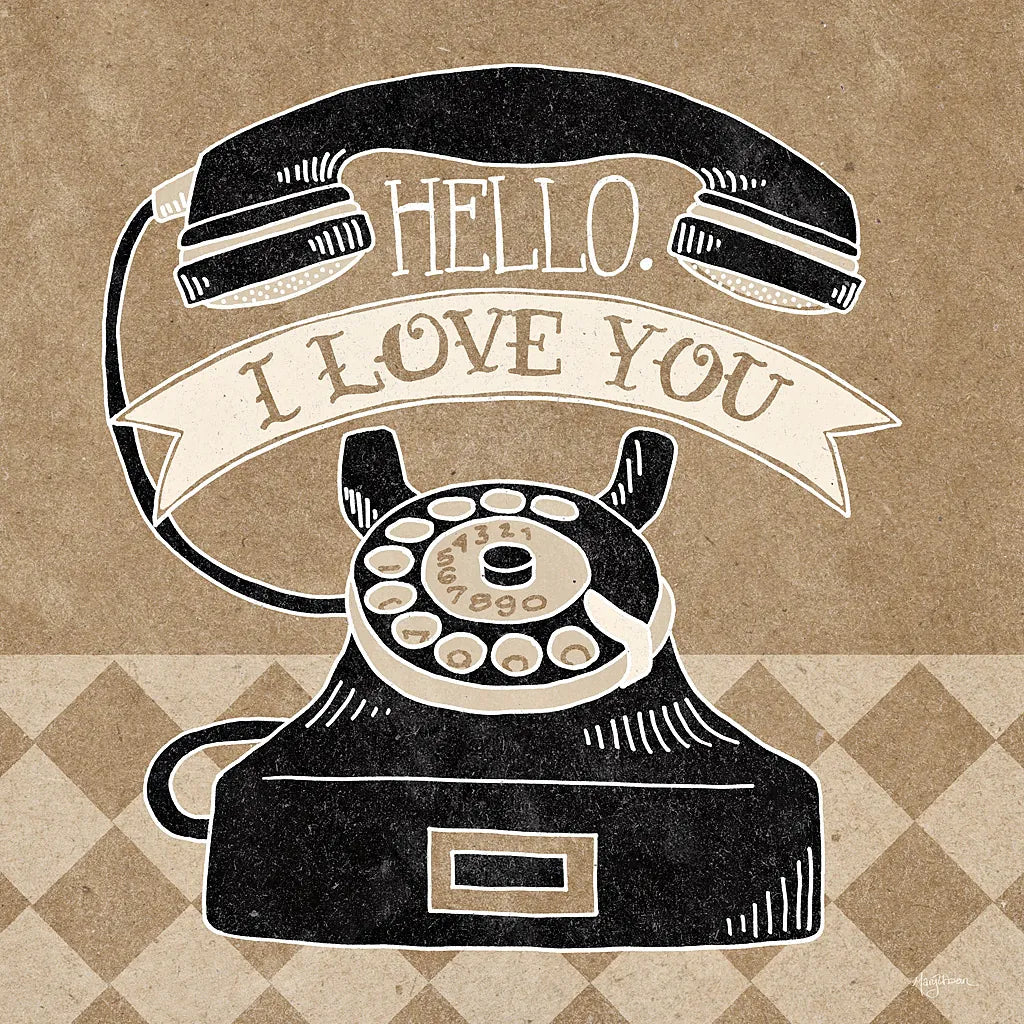 Hello I Love You Taupe by Mary Urban. SKU 20958a. Archival Giclee Fine art print for wall decor.