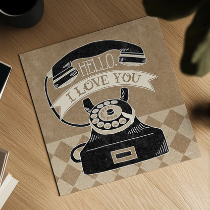 Hello I Love You Taupe by Mary Urban. Shown as a detailed flat fine art print, highlighting archival giclee quality. Available as an archival giclee rolled canvas, fine art paper, or poster print. SKU 20958a.