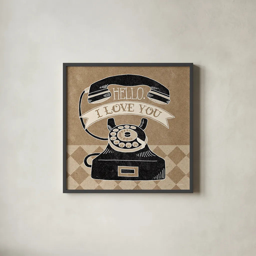 Hello I Love You Taupe by Mary Urban. Shown in a sleek black glass frame for a contemporary gallery look. Available as an archival giclee rolled canvas, fine art paper, or poster print. SKU 20958a.