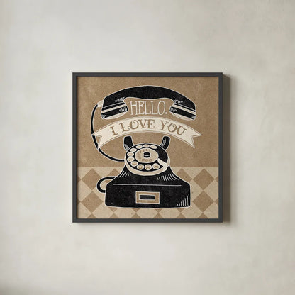 Hello I Love You Taupe by Mary Urban. Shown in a sleek black glass frame for a contemporary gallery look. Available as an archival giclee rolled canvas, fine art paper, or poster print. SKU 20958a.