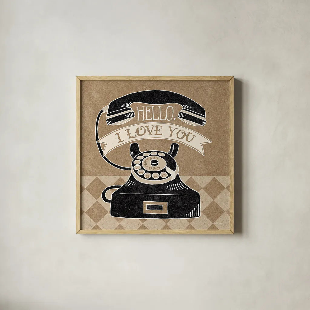 Hello I Love You Taupe by Mary Urban. Shown in a natural wood glass frame for a timeless modern aesthetic. Available as an archival giclee rolled canvas, fine art paper, or poster print. SKU 20958a.