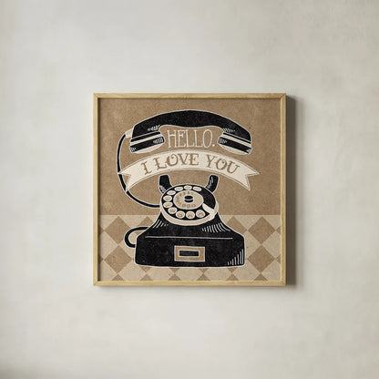 Hello I Love You Taupe by Mary Urban. Shown in a natural wood glass frame for a timeless modern aesthetic. Available as an archival giclee rolled canvas, fine art paper, or poster print. SKU 20958a.