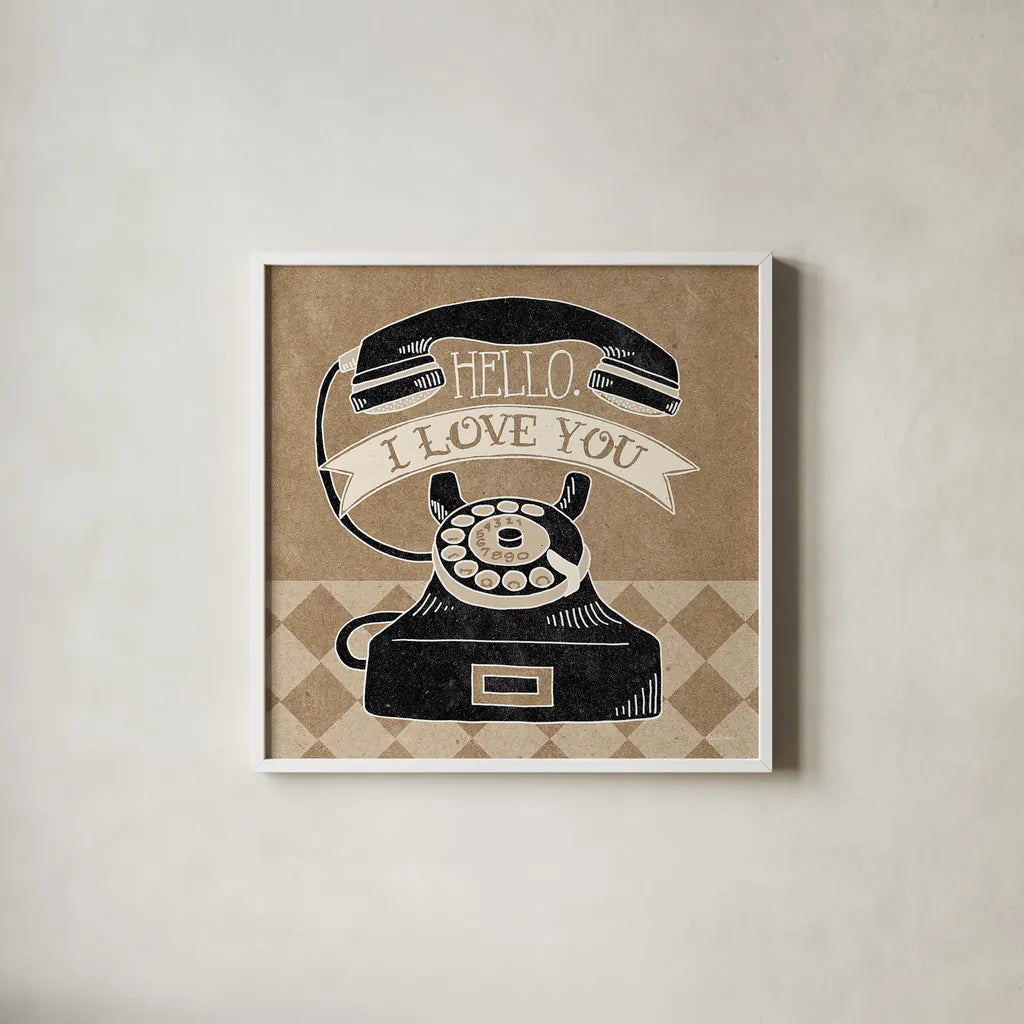 Hello I Love You Taupe by Mary Urban. Shown in a crisp white glass frame for a clean and minimalist style. Available as an archival giclee rolled canvas, fine art paper, or poster print. SKU 20958a.