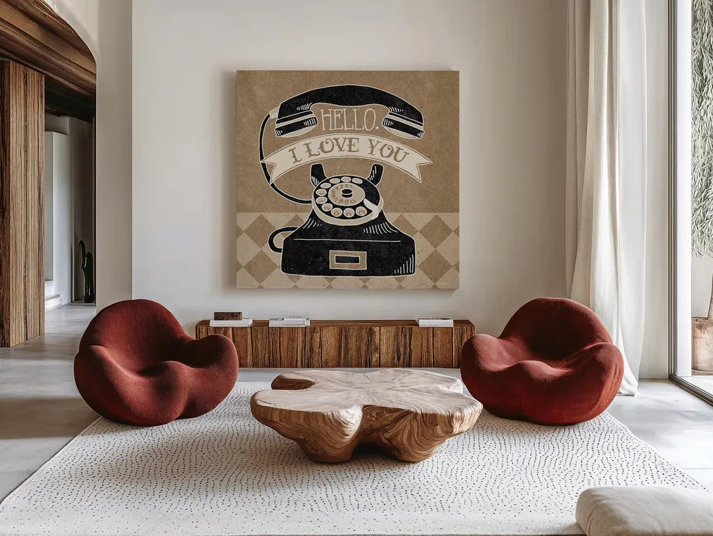 Hello I Love You Taupe by Mary Urban. Shown as extra-large giant wall art in a modern living room. Available as an archival giclee rolled canvas, fine art paper, or poster print. SKU 20958a.