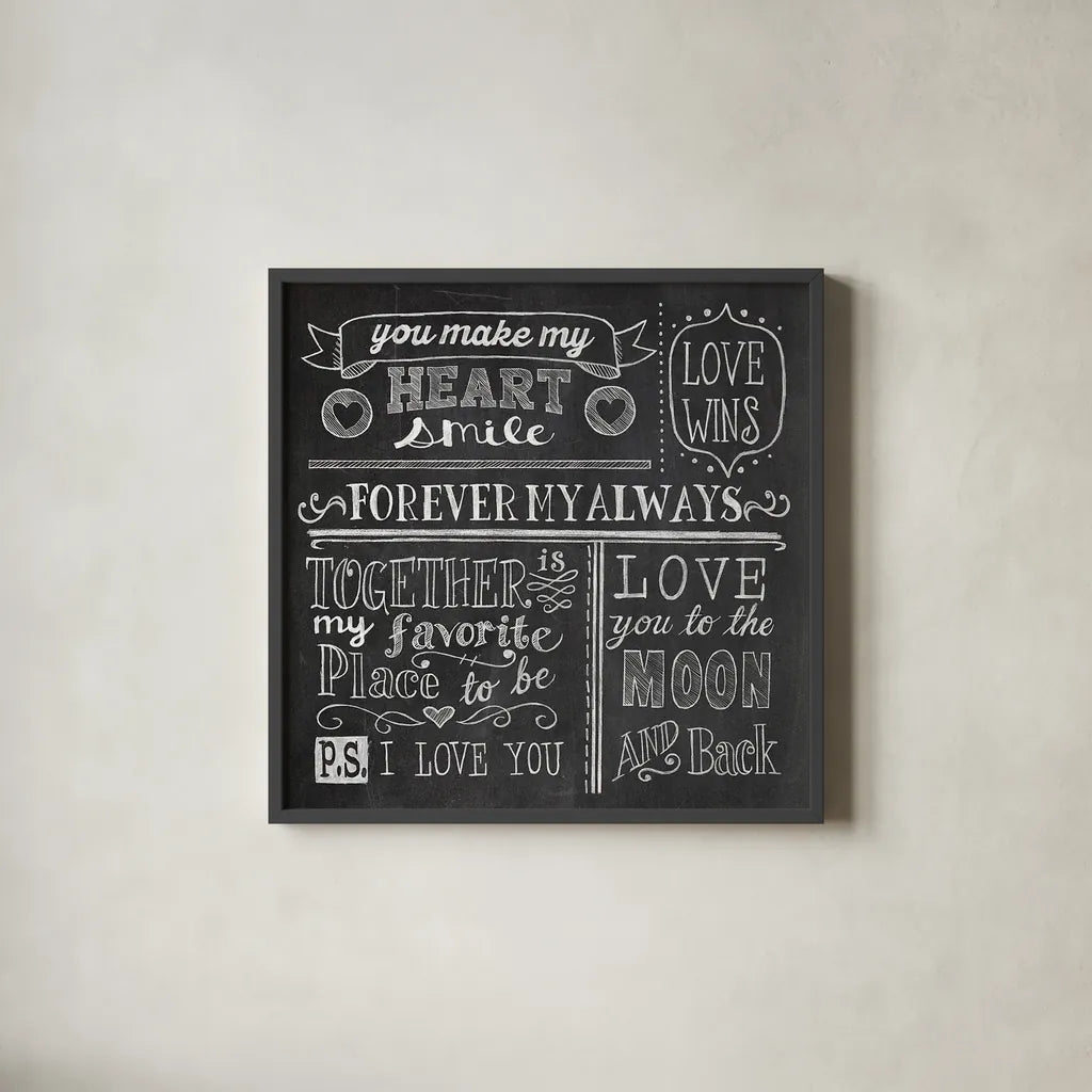 Inspiration Chalkboard I by Mary Urban. Shown in a sleek black glass frame for a contemporary gallery look. Available as an archival giclee rolled canvas, fine art paper, or poster print. SKU 25337a.
