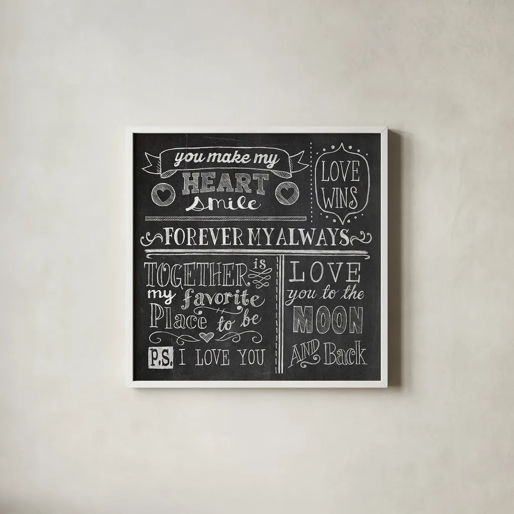 Inspiration Chalkboard I by Mary Urban. Shown in a crisp white glass frame for a clean and minimalist style. Available as an archival giclee rolled canvas, fine art paper, or poster print. SKU 25337a.
