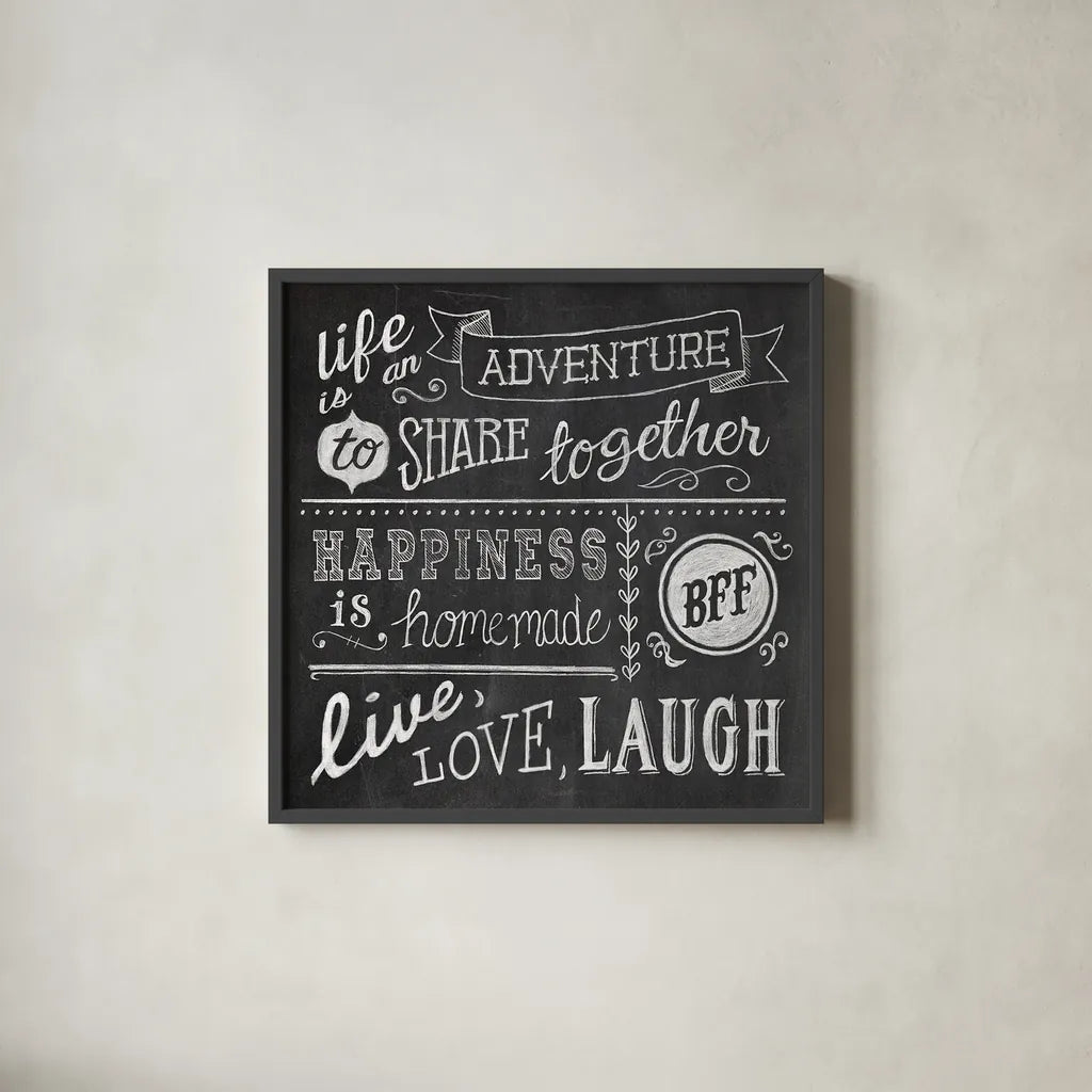 Inspiration Chalkboard II by Mary Urban. Shown in a sleek black glass frame for a contemporary gallery look. Available as an archival giclee rolled canvas, fine art paper, or poster print. SKU 25338a.