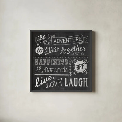 Inspiration Chalkboard II by Mary Urban. Shown in a sleek black glass frame for a contemporary gallery look. Available as an archival giclee rolled canvas, fine art paper, or poster print. SKU 25338a.