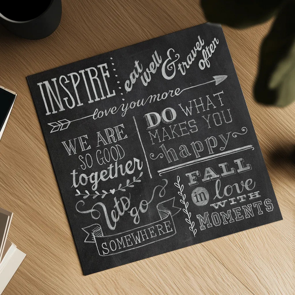 Inspiration Chalkboard III by Mary Urban. Shown as a detailed flat fine art print, highlighting archival giclee quality. Available as an archival giclee rolled canvas, fine art paper, or poster print. SKU 25578a.