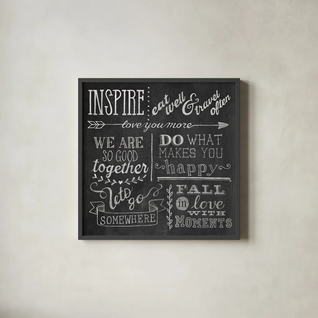 Inspiration Chalkboard III by Mary Urban. Shown in a sleek black glass frame for a contemporary gallery look. Available as an archival giclee rolled canvas, fine art paper, or poster print. SKU 25578a.