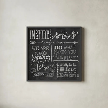 Inspiration Chalkboard III by Mary Urban. Shown in a sleek black glass frame for a contemporary gallery look. Available as an archival giclee rolled canvas, fine art paper, or poster print. SKU 25578a.